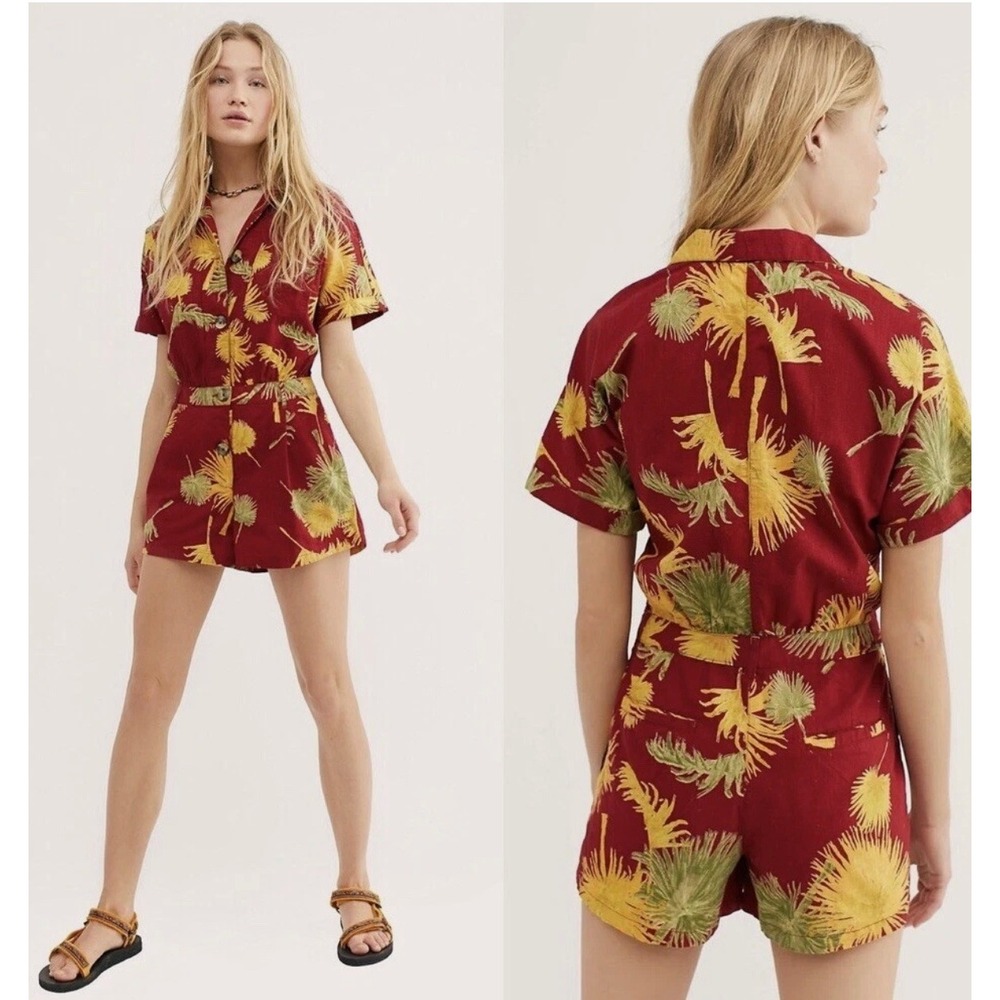 Free People Malibu Romper Red Tropical Palm Print Short Sleeve Women's XS